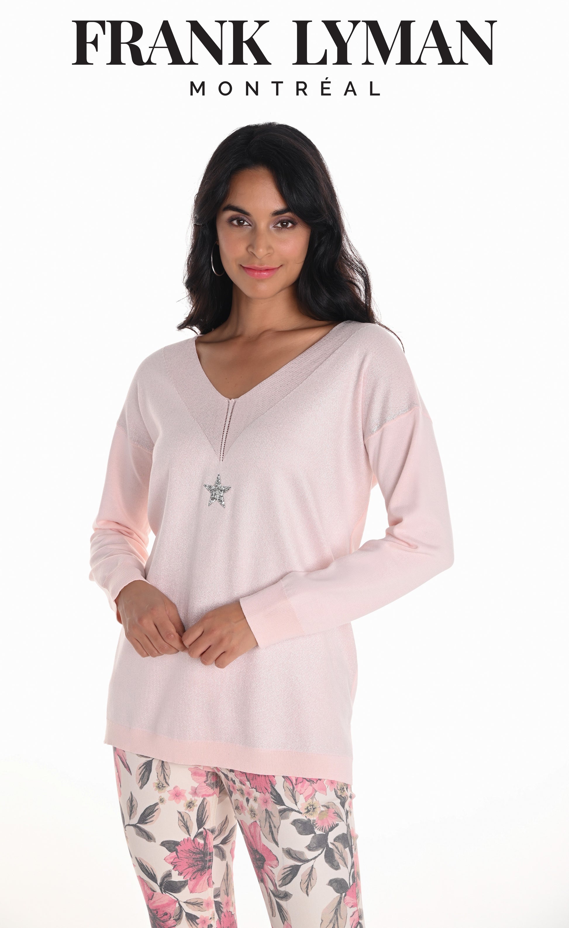 Frank Lyman Blush Embellished V-neck Pullover