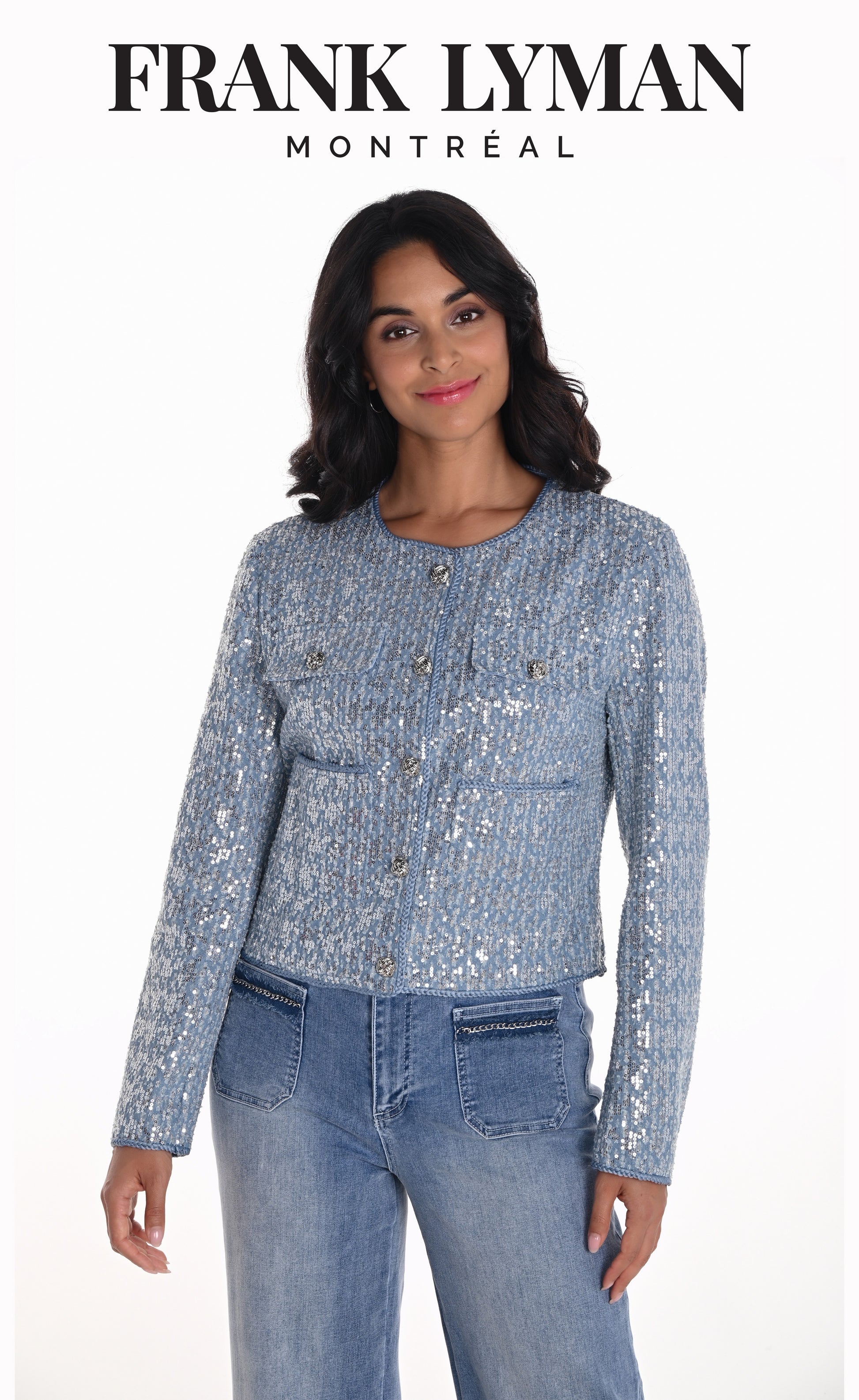 Frank Lyman Blue/Silver Sequin Cropped Jacket