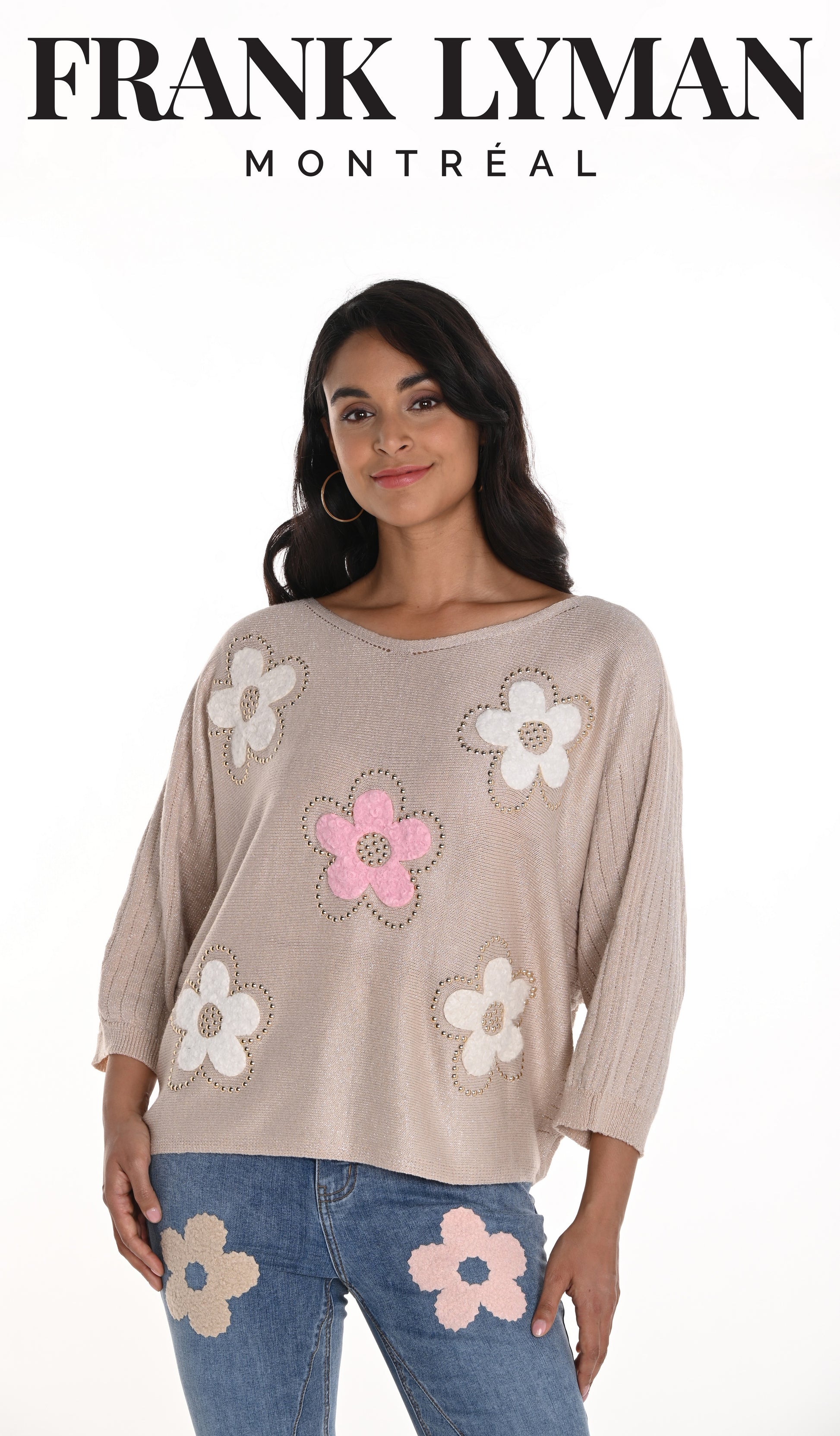 Frank Lyman Blush Sweater Knit Top with Floral Embroidery