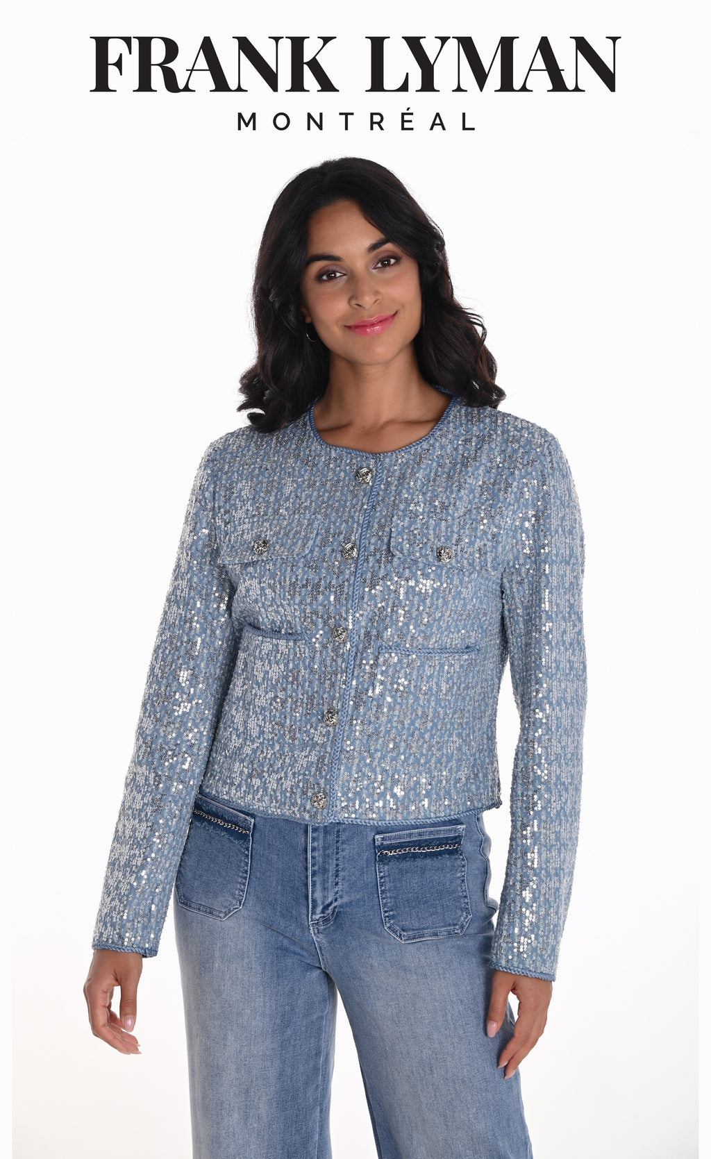 Frank Lyman Blue/Silver Sequin Cropped Jacket