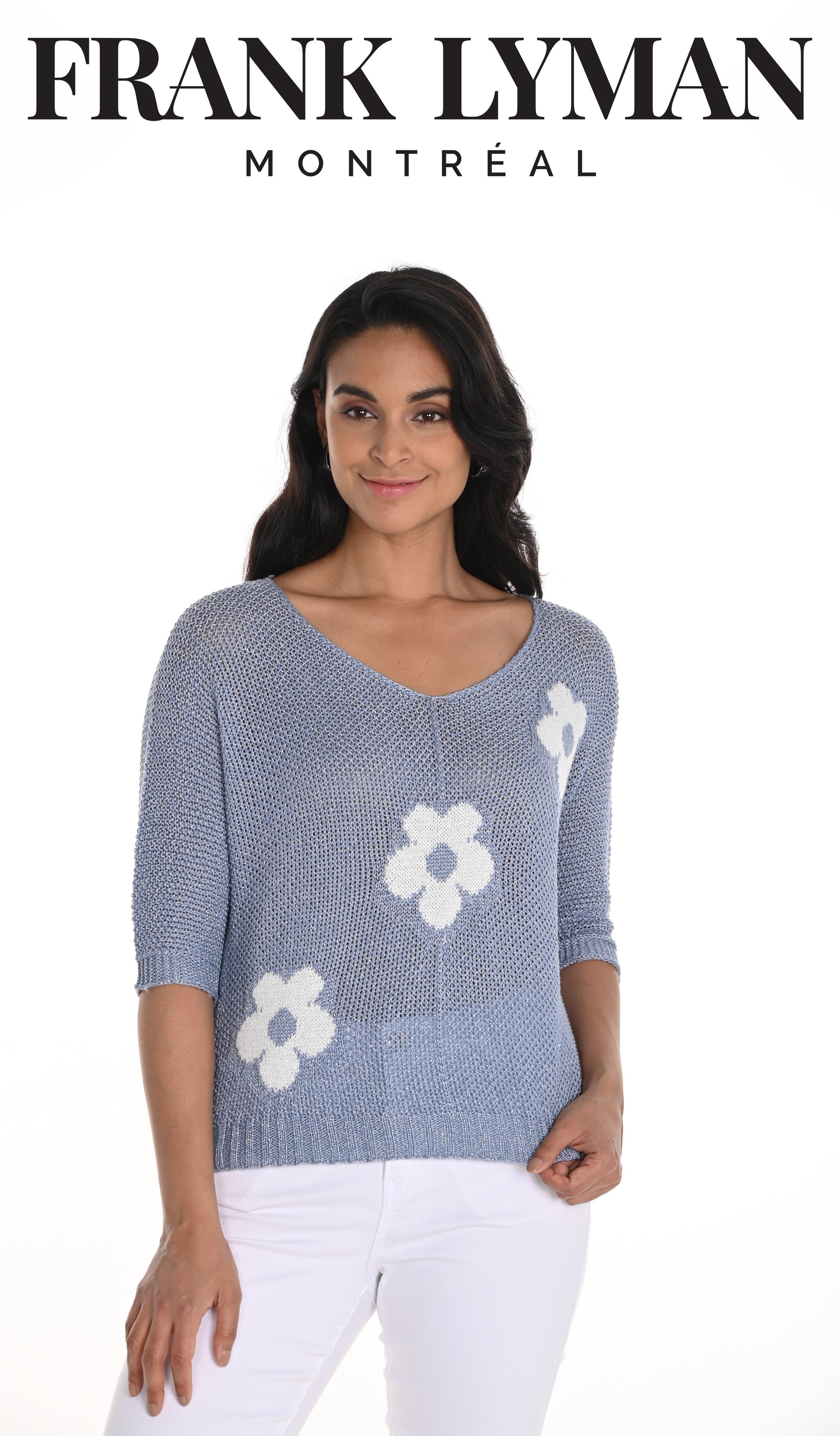 Pull en maille fleurie bleu/blanc cassé