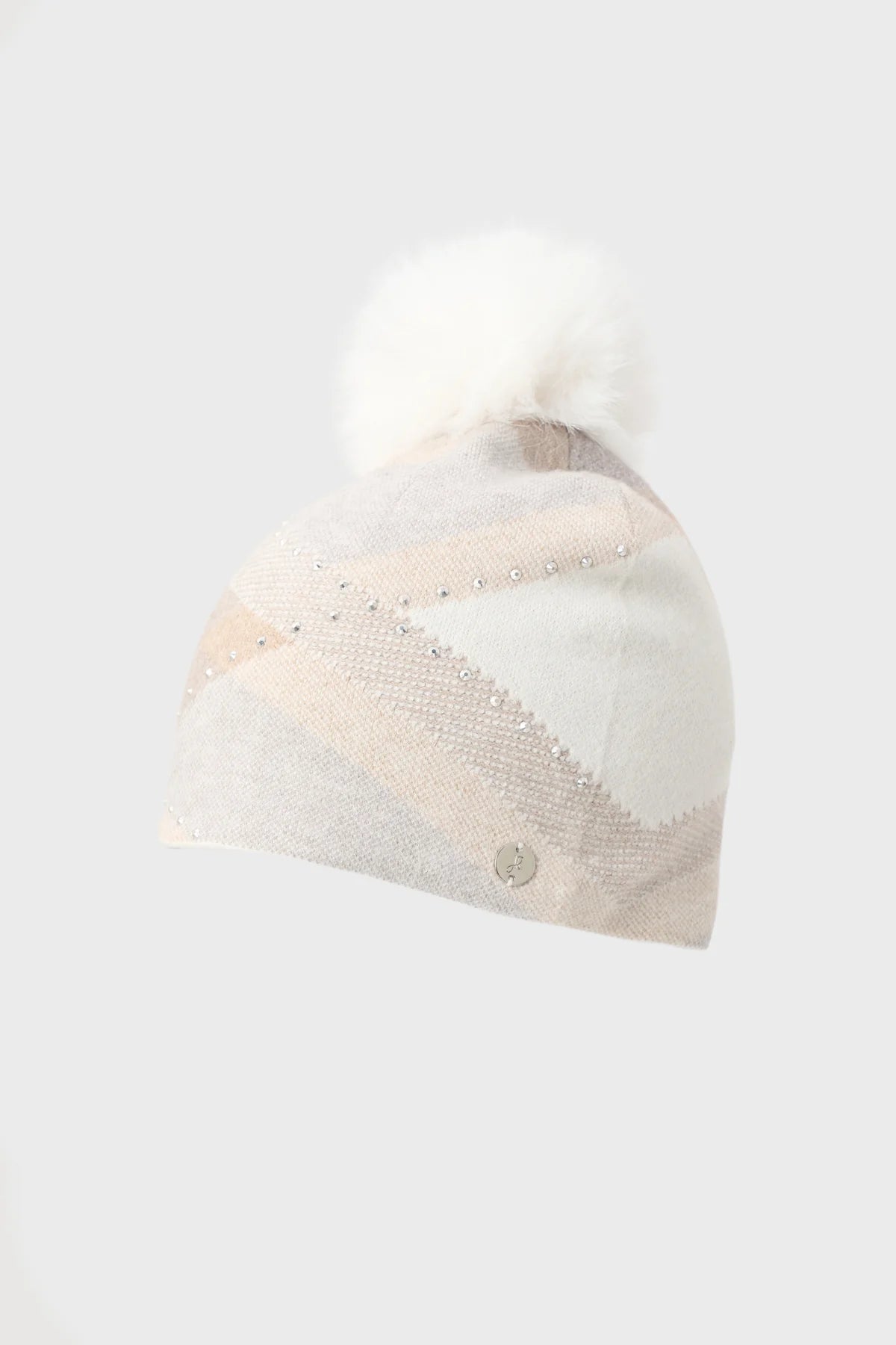 Bonnet à motif losanges, strass et pompon