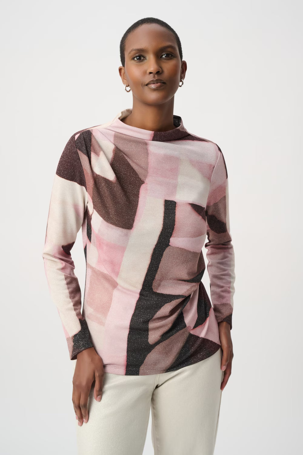 Shimmering ruffled mock neck sweater